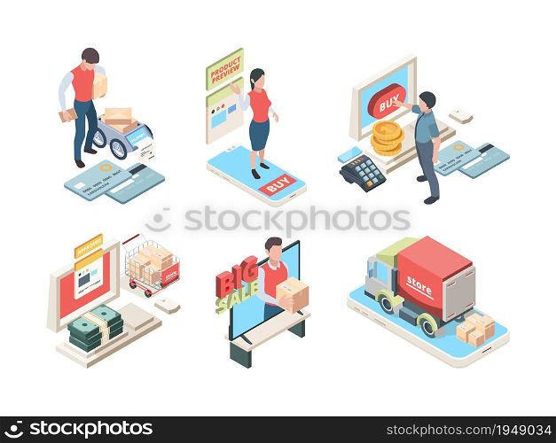 Online shopping. Isometric concept icon online marketplace ordering products from smartphones or tablets vector set. Illustration buy isometric marketing by smartphone. Online shopping. Isometric concept icon online marketplace ordering products from smartphones or tablets vector set