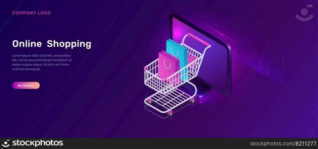 Online shopping, isometric concept vector illustration. Computer monitor screen and shopping cart with bags, isolated on ultraviolet background, landing web page template. Online shopping isometric concept, shopping cart