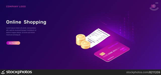 Online shopping, isometric concept vector illustration. Credit card, paper check or receipt and golden coins isolated on ultraviolet background, landing web page for mobile app. Online shopping, isometric concept for mobile app