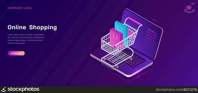 Online shopping, isometric concept vector illustration. Open laptop screen and shopping cart with bags, isolated on ultraviolet background, landing web page template. Online shopping isometric concept, shopping cart