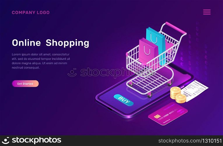 Online shopping, isometric concept vector illustration. Smartphone screen with buy button, shopping cart with bags, credit card and paper check isolated on ultraviolet, landing web page for mobile app. Online shopping, isometric concept for mobile app