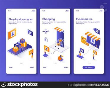 Online shopping isometric GUI design kit. Shop loyalty program, e-commerce templates for mobile app. Customer services UI UX onboarding screens. Vector illustration with tiny people characters.. Online shopping isometric GUI design kit.