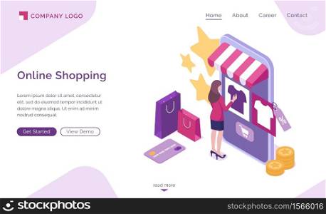 Online shopping isometric landing page, customer purchasing in digital store. Woman choose goods at huge smartphone with internet market platform. Buyer use cyber shop mobile app. 3d vector web banner. Online shopping isometric landing page, web banner