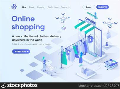 Online shopping isometric landing page. Online shopping in clothes store and global delivery service. Internet marketplace template for CMS and website builder. Isometry scene with people characters.