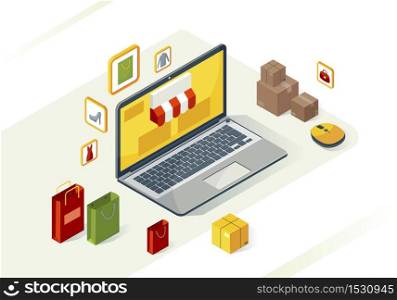 Online shopping isometric vector illustration. Internet purchases and delivery service. E-commerce infographic. Laptop, shopping bags and parcel. Internet store. E-shop 3d concept. Website, app design. Online shopping isometric vector illustration
