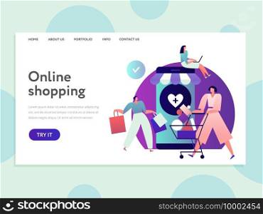 Online shopping landing. Internet purchasing and easy delivery app. E-commerce and secure transactions web page vector design. Online marketing shop, purchase in internet store illustration. Online shopping landing. Internet purchasing and easy delivery app. E-commerce and secure transactions web page vector design