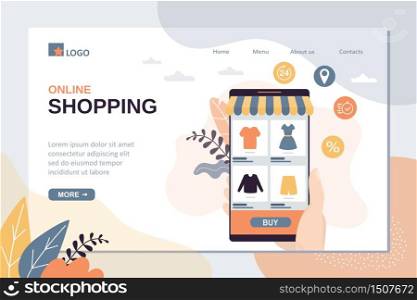 Online shopping landing page template. Internet shop technology banner. Hand holding smartphone with marketplace application on screen. Order,payment and delivery background. Vector illustration
