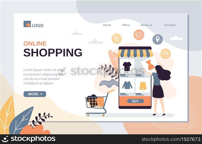Online shopping landing page template. Technology of purchase in internet store. Mobile phone with marketplace application on screen. Woman customer order and payment goods. Flat vector illustration