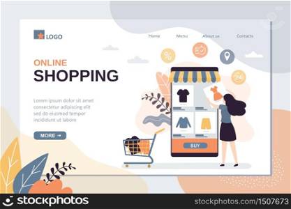 Online shopping landing page template. Technology of purchase in internet store. Mobile phone with marketplace application on screen. Woman customer order and payment goods. Flat vector illustration