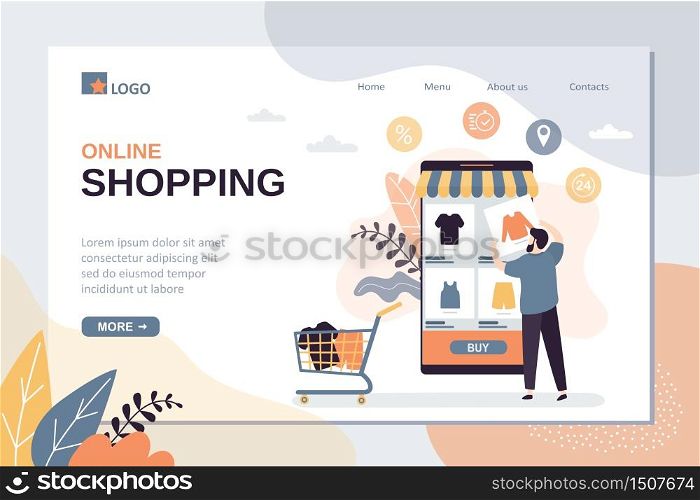 Online shopping landing page template. Technology of purchase in internet store. Mobile phone with marketplace application on screen. Handsome man customer order and payment goods. Vector illustration