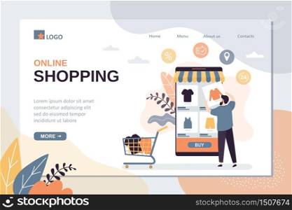 Online shopping landing page template. Technology of purchase in internet store. Mobile phone with marketplace application on screen. Handsome man customer order and payment goods. Vector illustration