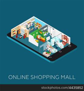 Online Shopping Mall Isometric Icon. Online shopping mall Isometric icons placed on the smart phone shaped base vector illustration