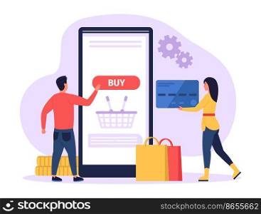 Online shopping. Man and woman buying goods on internet. Male character clicking button buy on smartphone screen. Girl holding credit card to pay. Modern technology vector illustration. Online shopping. Man and woman buying goods on internet. Male character clicking button buy on smartphone screen