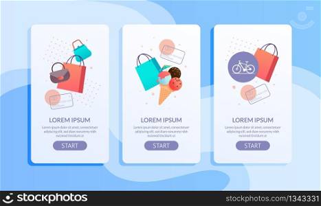 Online Shopping Mobile Application Page Flat Set. Sale and Discount Card Offer. Vector Ice Cream, Handbags, Paper Bags Illustration. Easy Internet Payment. Eco Transpiration and Home Delivery Service. Online Shopping Mobile Application Page Flat Set