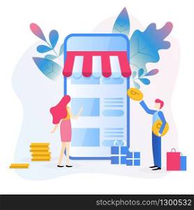 Online shopping, mobile marketing. Concept for web page, banner, presentation, social media, documents, cards, posters. Vector illustration, M-Commerce, web and mobile phone services and apps.. Concept for web page, banner, presentation, social media, documents, cards, posters