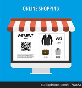 Online shopping,monitor screen with store application and qr code for payment, flat design, vector illustration