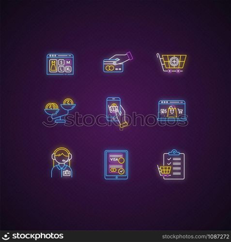 Online shopping neon light icons set. Customer support service. Payment option, compare product price. Shopping list. Internet shop, online store app. Glowing signs. Vector isolated illustrations