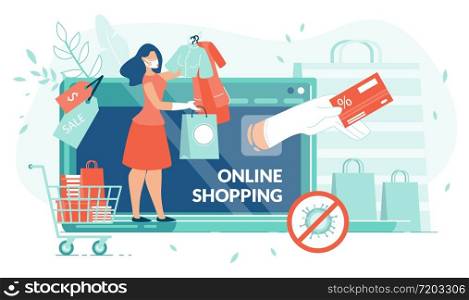 Online Shopping on Covid19 Quarantine, Stay at Home. Self-Isolate. Woman Order Clothes with Sale and Discount. Human Hand Holding Credit Card. Wireless Payment. Tiny People, Laptop, Digital Ecommerce. Online Shopping from Home on Covid19 Quarantine