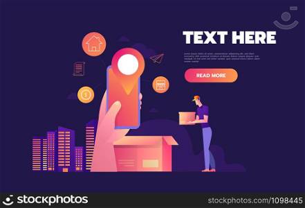 Online shopping on internet using mobile smartphone. Fast delivery concept vector illustration in flat style design. Courier gives parcel to customer. Online shopping on internet using mobile smartphone. Fast delivery concept vector illustration in flat style design. Courier gives parcel to customer.