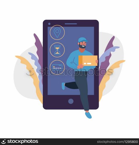 Online shopping on internet using mobile smartphone. Fast delivery concept vector illustration in flat style design. Courier delivers parcel with web e-commerce app. Landing page template. Online shopping on internet using mobile smartphone. Fast delivery