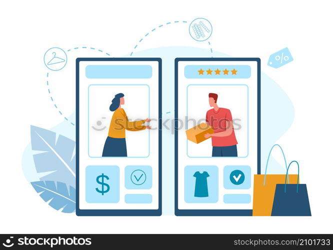 Online shopping on mobile application, distance shop. Vector application for payment and distancing shopping on smartphone illustration. Online shopping on mobile application, distance shop