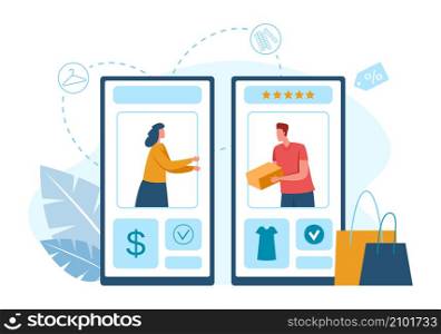 Online shopping on mobile application, distance shop. Vector application for payment and distancing shopping on smartphone illustration. Online shopping on mobile application, distance shop