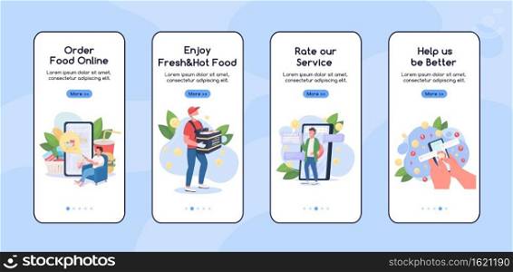 Online shopping onboarding mobile app screen flat vector template. Remote food delievery. Walkthrough website steps with characters. UX, UI, GUI smartphone cartoon interface, case prints set. Online shopping onboarding mobile app screen flat vector template