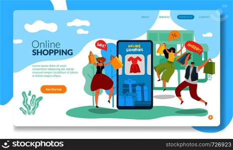 Online shopping page. Mobile shop with happy man and women buying sales flat vector internet app illustration. Online shopping page. Mobile shop with happy man and women buying sales flat vector illustration
