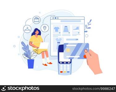 Online shopping, pay credit card in retail. Card payment in retail, shopping paying transaction, electronic financial. Vector illustration. Online shopping, pay credit card in retail