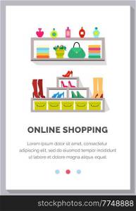 Online shopping people and interact with shop. Landing page template flat vector illustration, Online store with clothes and shoes. Application for selecting and ordering clothing via the Internet. Online shopping people and interact with shop. Landing page template flat vector illustration