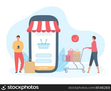 Online shopping. People buying goods using smartphone. Device screen with basket for purchases. Woman with bags in trolley, man standing with paper bag. Characters ordering in app vector. Online shopping. People buying goods using smartphone. Device screen with basket for purchases. Woman with bags