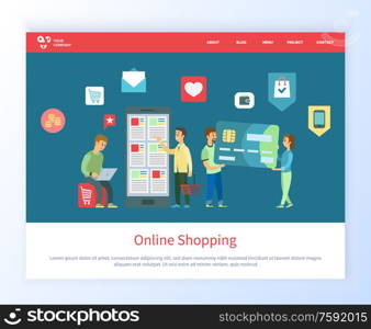 Online shopping people with smartphone vector, man and woman with big credit card, male with cart and laptop looking for purchases to make . Website or webpage template, landing page flat style. Online Shopping Buying of Product on Website Web