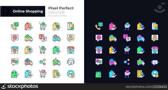 Online shopping pixel perfect light and dark theme color icons set. Electronic commerce. Simple filled line drawings. Bright cliparts on white and black. Editable stroke. Quicksand-Light font used. Online shopping pixel perfect light and dark theme color icons set