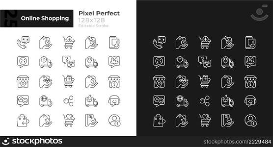 Online shopping pixel perfect linear icons set for dark, light mode. Electronic commerce. Thin line symbols for night, day theme. Isolated illustrations. Editable stroke. Quicksand-Light font used. Online shopping pixel perfect linear icons set for dark, light mode