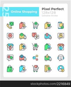 Online shopping pixel perfect RGB color icons set. Electronic commerce. Isolated vector illustrations. Simple filled line drawings collection. Editable stroke. Quicksand-Light font used. Online shopping pixel perfect RGB color icons set