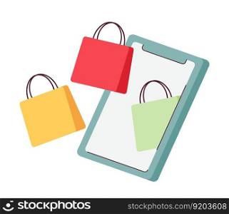 Online shopping platform on mobile phone flat concept vector spot illustration. Editable 2D cartoon object on white for web UI design. Boutique bags through smartphone device creative hero image. Online shopping platform on mobile phone flat concept vector spot illustration