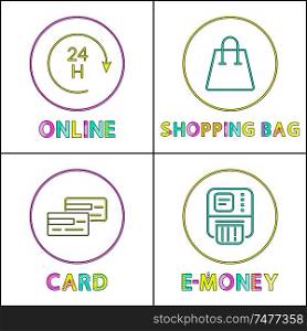 Online shopping posters set. Bag icon linear outline, card method of payment for order by virtual money. E-commerce transaction, vector illustration. Online shopping posters set vector illustration