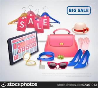 Online shopping realistic composition of flat female accessories images and tablet with online store application and text vector illustration. Big Sale Accessories Composition