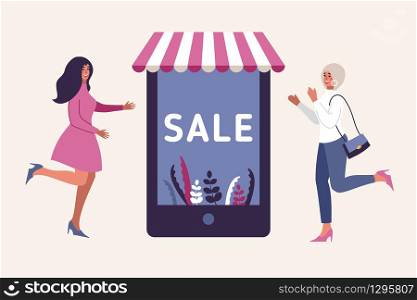 Online Shopping Sale Concept with Women Characters. Mobile E-commerce Store with Flat Women running happy with Sales. Smartphone and Tablet. Consumerism Business. Vector illustration. Online Shopping Sale Concept with Women Characters. Mobile E-commerce Store