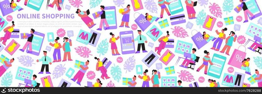 Online shopping seamless pattern with people ordering goods by gadgets and smartphone app flat vector illustration