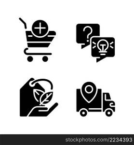 Online shopping services black glyph icons set on white space. Delivery regions. Eco friendly and vegan product. Silhouette symbols. Solid pictogram pack. Vector isolated illustration. Online shopping services black glyph icons set on white space