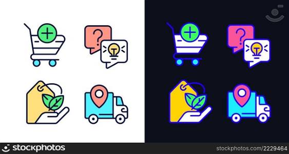 Online shopping services pixel perfect light and dark theme color icons set. Delivery regions. Ecofriendly product. Simple filled line drawings. Bright cliparts on white and black. Editable stroke. Online shopping services pixel perfect light and dark theme color icons set