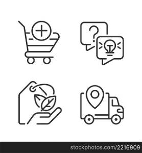 Online shopping services pixel perfect linear icons set. Delivery regions. Ecofriendly product. Customizable thin line symbols. Isolated vector outline illustrations. Editable stroke. Online shopping services pixel perfect linear icons set