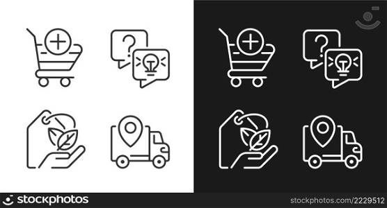 Online shopping services pixel perfect linear icons set for dark, light mode. Delivery regions. Ecofriendly product. Thin line symbols for night, day theme. Isolated illustrations. Editable stroke. Online shopping services pixel perfect linear icons set for dark, light mode