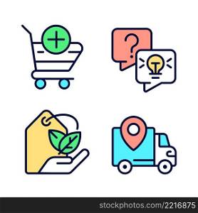 Online shopping services pixel perfect RGB color icons set. Delivery regions. Ecofriendly product. Isolated vector illustrations. Simple filled line drawings collection. Editable stroke. Online shopping services pixel perfect RGB color icons set