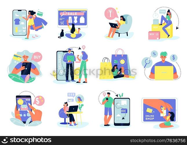 Online shopping set of isolated icons with sale and buy pictograms human characters and electronic gadgets vector illustration