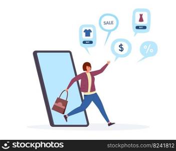 Online shopping smartphone app, shopper woman run. Vector smartphone shop and mobile online store illustration. Online shopping smartphone app, shopper woman run