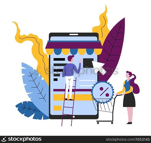 Online shopping smartphone app woman with supermarket cart or trolley vector sale or discount web payment e-commerce customer buying or purchasing goods sale customers and mobile gadget and device. Smartphone app online shopping woman with supermarket cart