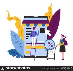 Online shopping smartphone app woman with supermarket cart or trolley vector sale or discount web payment e-commerce customer buying or purchasing goods sale customers and mobile gadget and device. Smartphone app online shopping woman with supermarket cart
