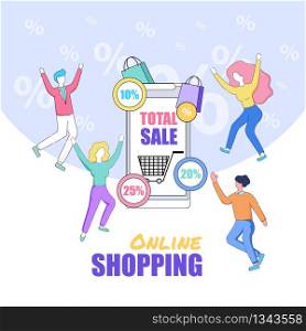 Online Shopping Square Banner. Happy People Dancing and Jumping with Hands Up Around of Huge Smartphone with Total Sale on Screen and Discount Icons Around. Linear Cartoon Flat Vector Illustration.. Happy People Dancing at Smartphone with Total Sale